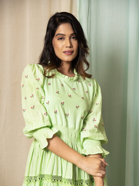 AAHELI RADIANT MEADOWS PASTEL GREEN COTTON KANTHA TIERED DRESS AAHELI RADIANT MEADOWS PASTEL GREEN COTTON KANTHA TIERED DRESS